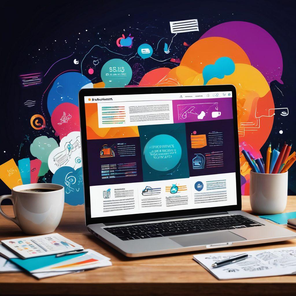 A captivating digital workspace with an open laptop displaying a colorful infographic, scattered notes, and a cup of coffee. In the background, abstract illustrations of storytelling elements like books, speech bubbles, and digital interfaces. The overall atmosphere is inspiring and vibrant, reflecting creativity and engagement in content creation. vibrant colors. modern art.