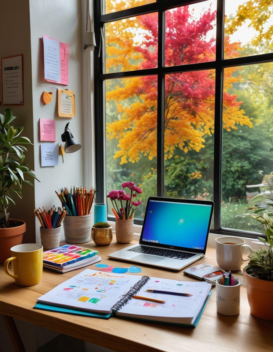 A vibrant and inspiring workspace filled with colorful notepads, a laptop displaying a blog interface, and creative tools like paints and brushes scattered around. A light bulb above the desk symbolizes bright ideas and creativity. A coffee mug with motivational quotes is in the foreground, and a window reveals a sunlit garden outside, emphasizing inspiration. super-realistic. vibrant colors. bright background.