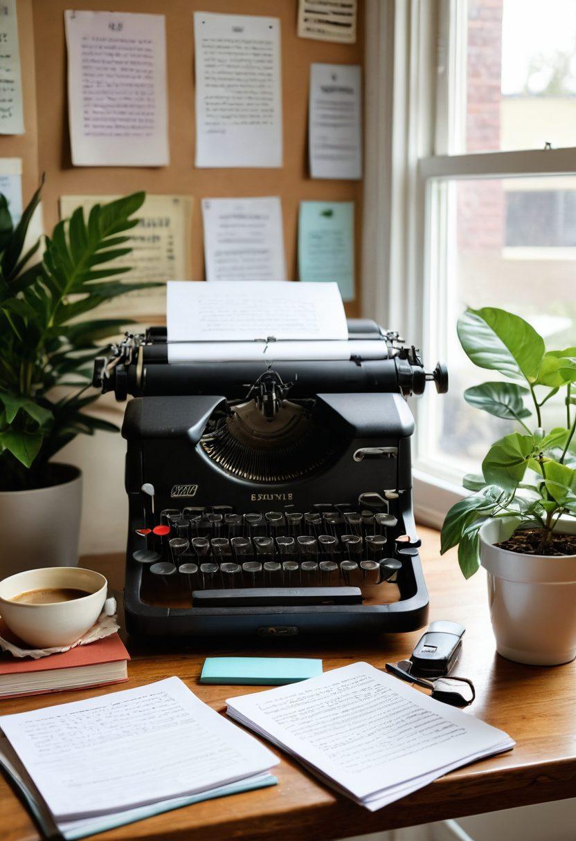 A cozy workspace featuring a vintage typewriter surrounded by colorful notebooks, scattered papers, and an open laptop displaying a half-written article. Natural light streams in from a nearby window, casting soft shadows. Include a steaming cup of coffee, plants in the background, and a few inspiring quotes on the wall. warm tones. super-realistic. inviting atmosphere.
